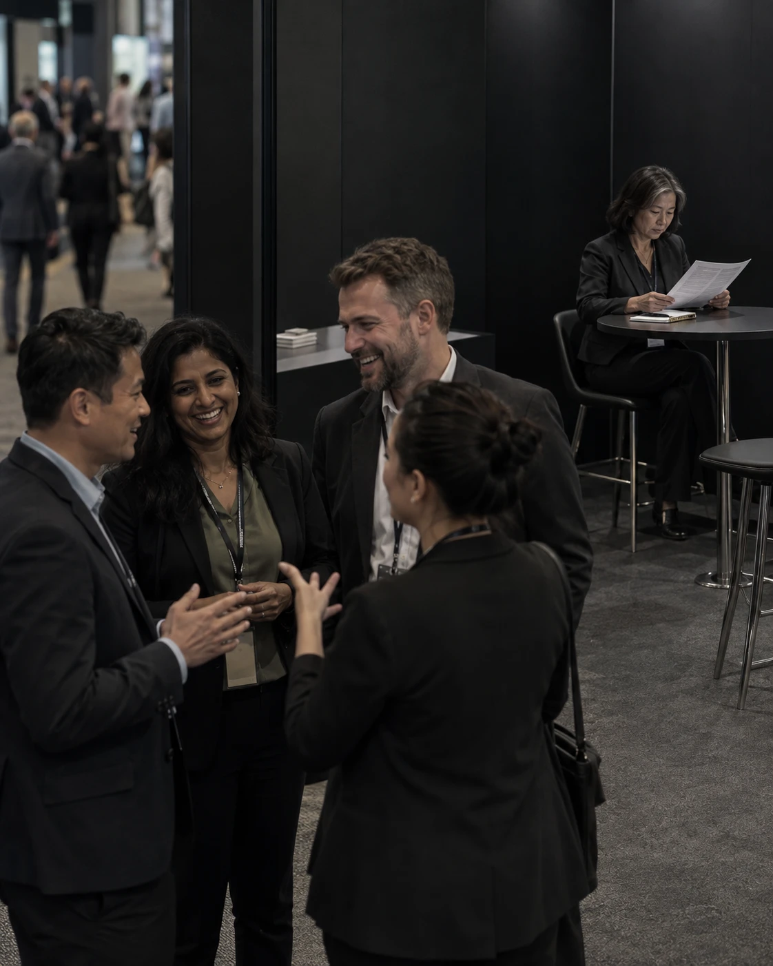 At a trade-show booth, four people laugh and talk in small groups while a woman sits alone at the back, carefully reading a product sheet: the real buyer nobody is talking to.