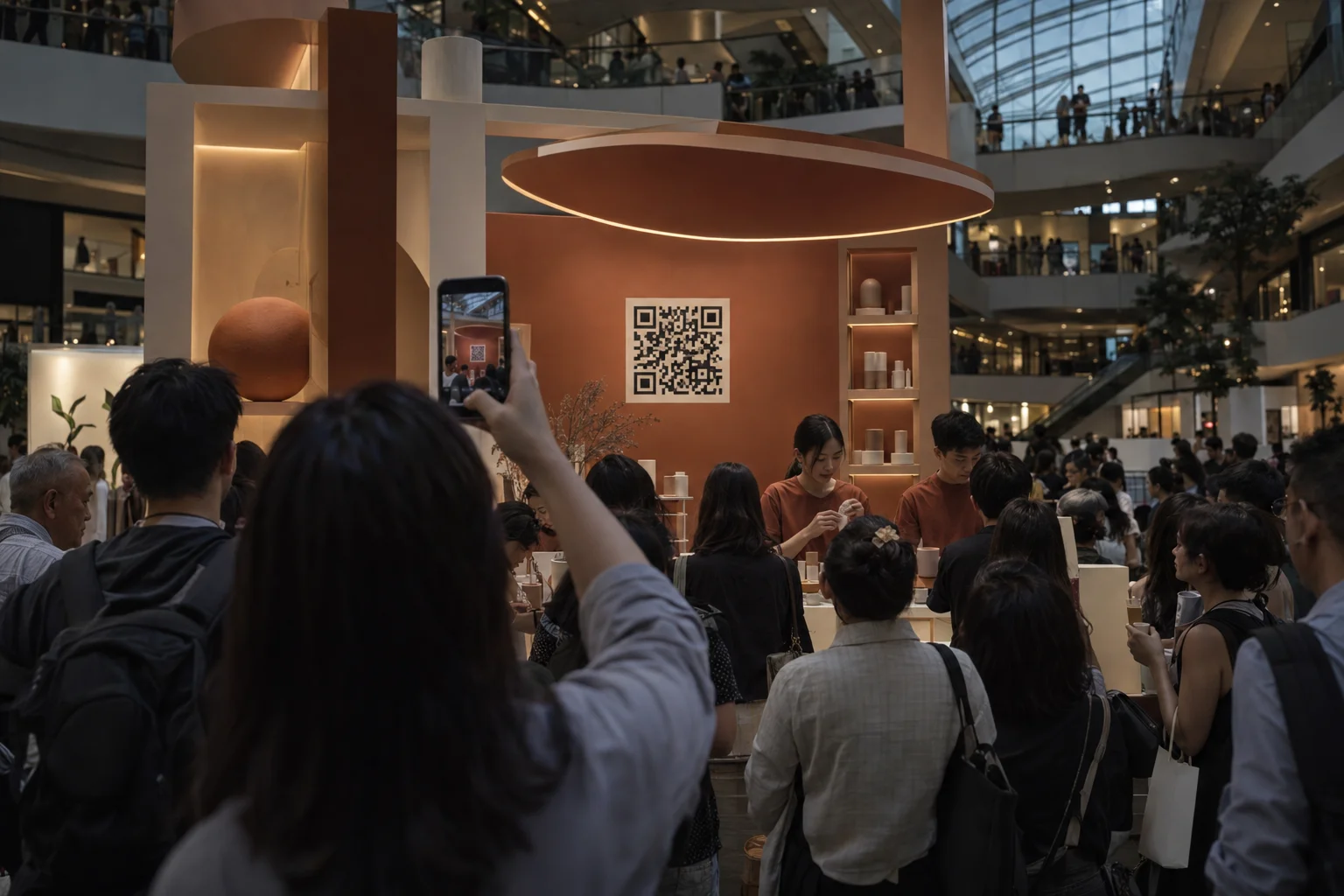 A crowd packs around a branded pop-up stand in a shopping mall atrium while, at the back, someone holds up a phone trying to scan the QR code on the backdrop.