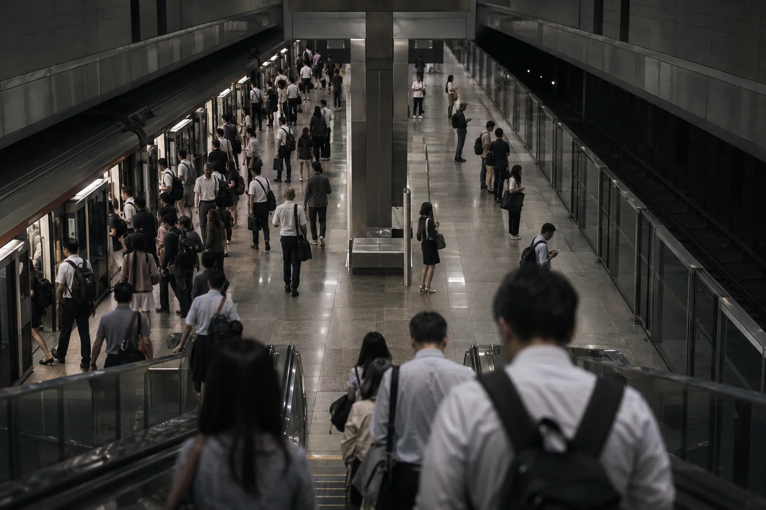 Looking down an escalator onto an MRT platform: commuters crowd onto the train that has just arrived on one side, while on the other side a few people wait calmly for a train that has not come yet.