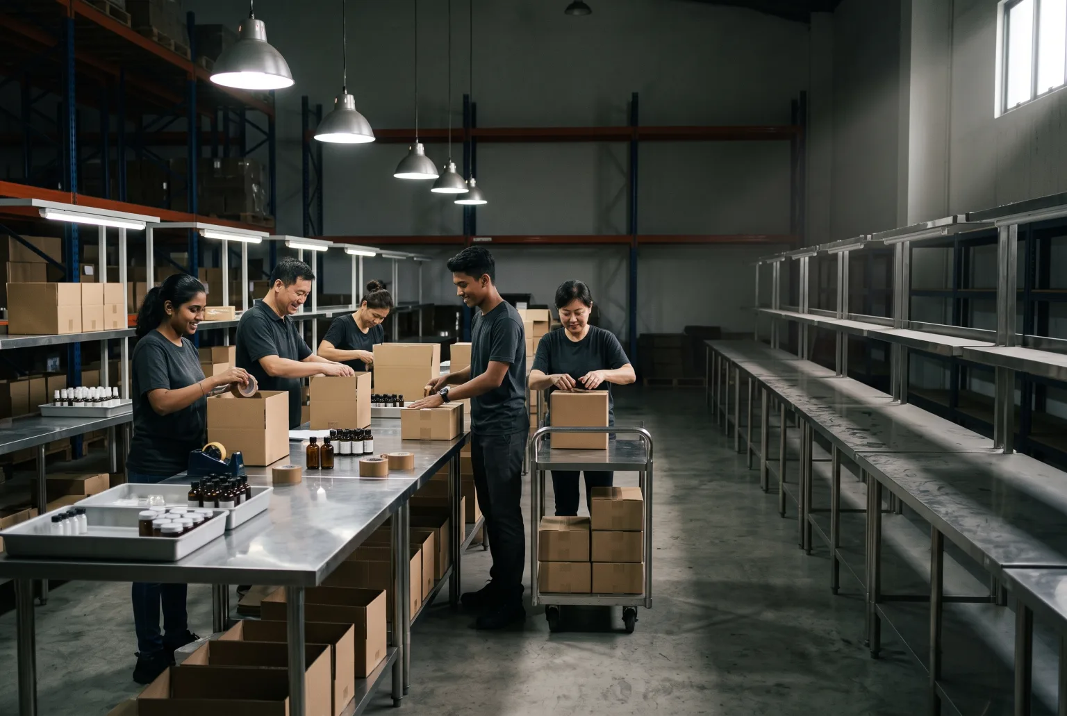 In a cosmetics company warehouse, a team packs orders at a few busy benches, while rows of identical benches built for future volume stand unused, dust settling on them.