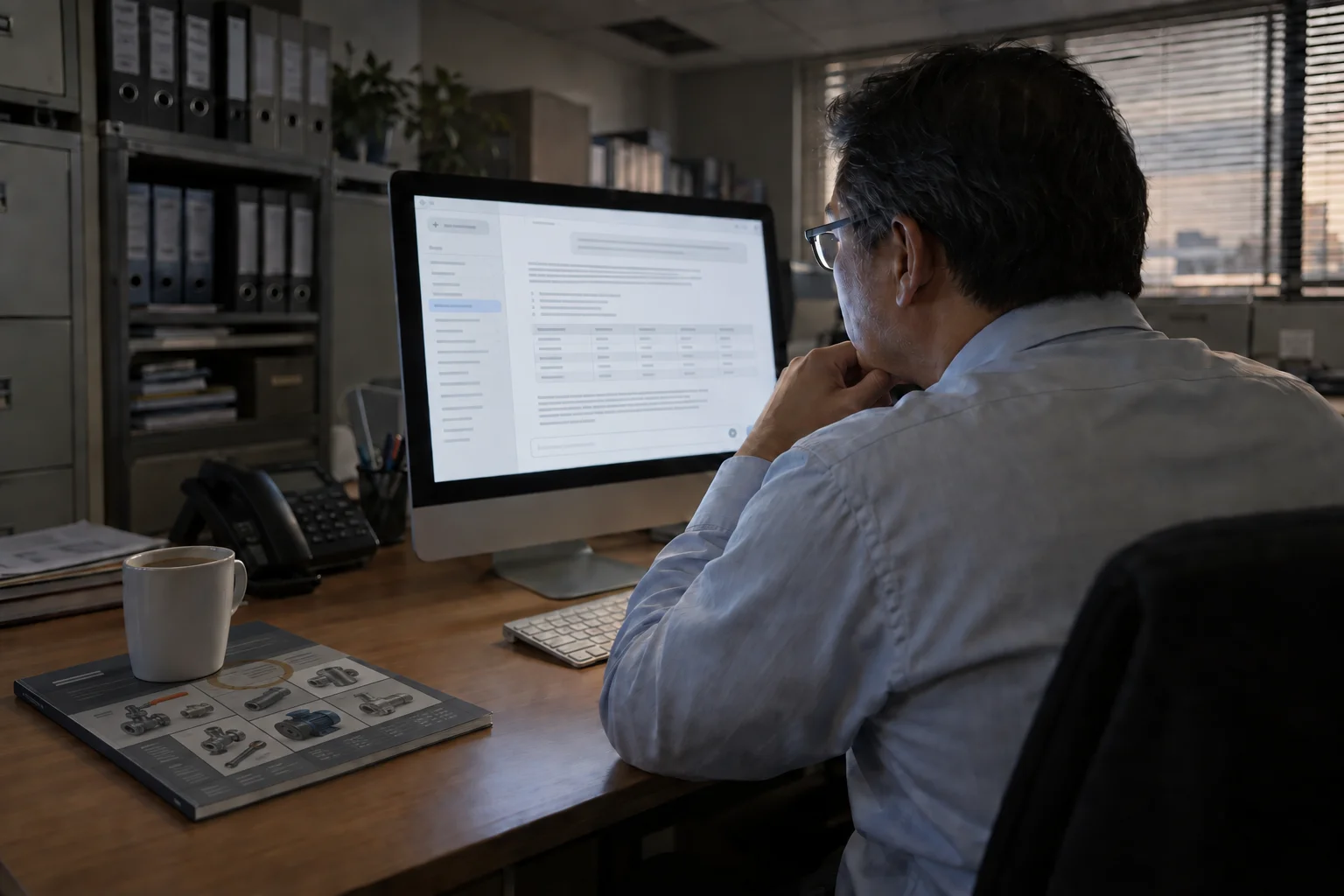 A procurement officer in a traditional office asks an AI chat on his computer what to buy, while the printed supplier catalogue beside him serves as a coaster for his coffee mug.